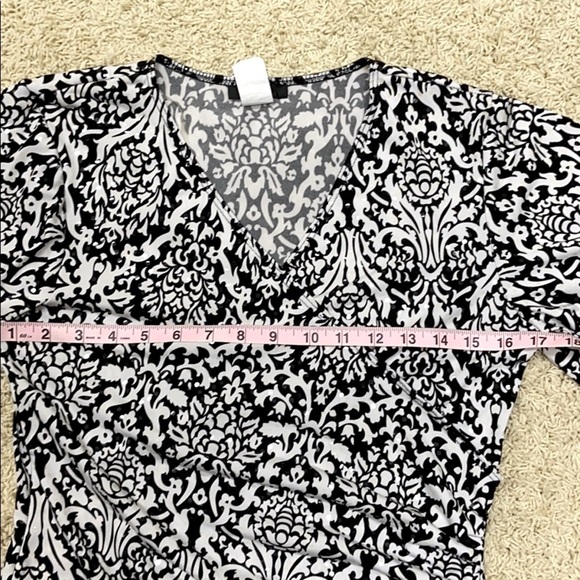 MSK Faux Wrap Top Black& White Paisley Sparkling Sequin Flattering Bell Sleeve - Picture 12 of 15